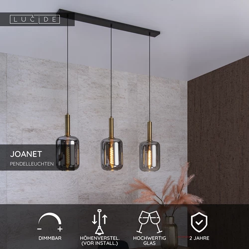 Lucide JOANET - Pendelleuchten - 3xE27 - Rauchfarbe Grau - USP